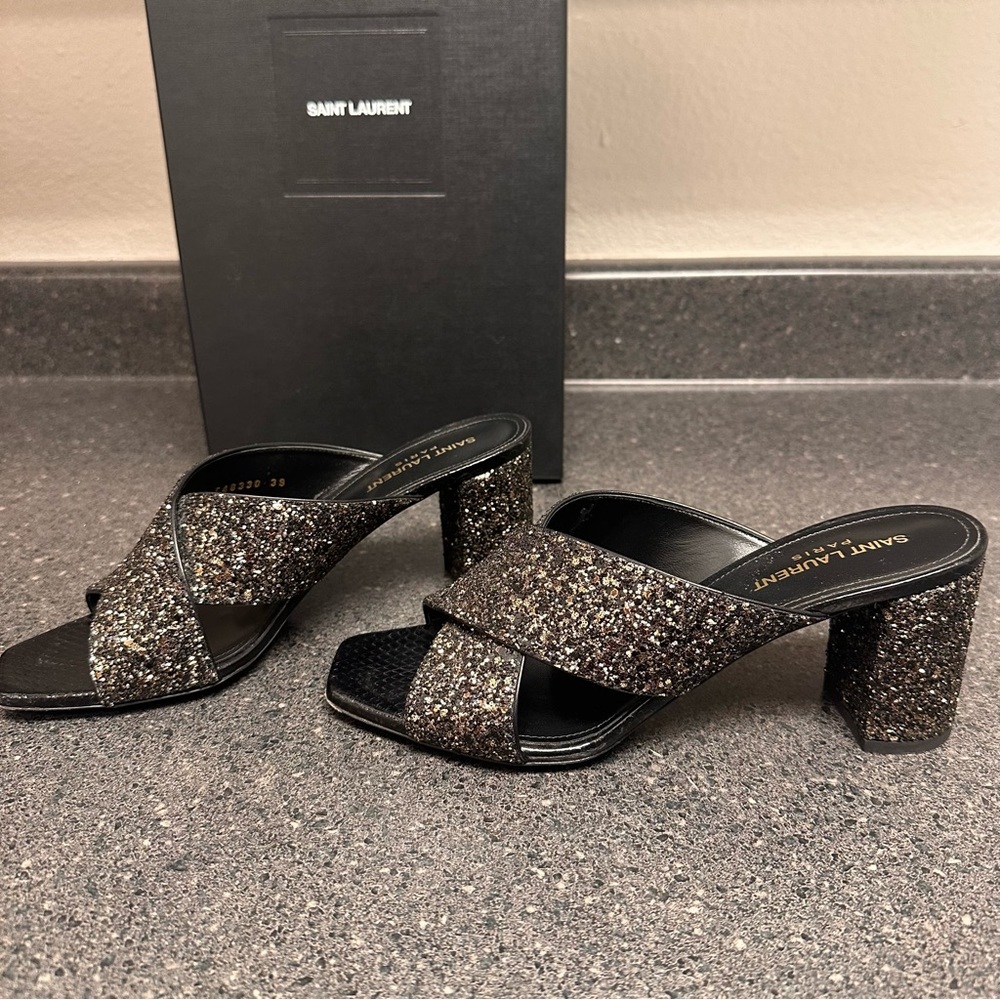 Saint Laurent Black and Gold Glitter Crisscross Block Heel Mules - Picture 9 of 13